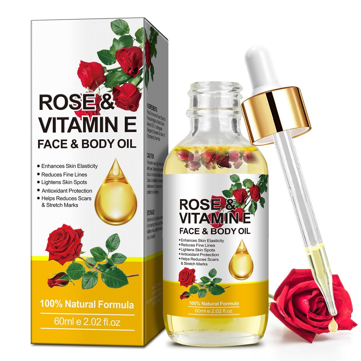 Rose Oil for Face, Premium Vitamin E Facial Oil - Deep Hydration for Face & Body, Nourishes Dry Skin, 2 Fl Oz - görsel 1