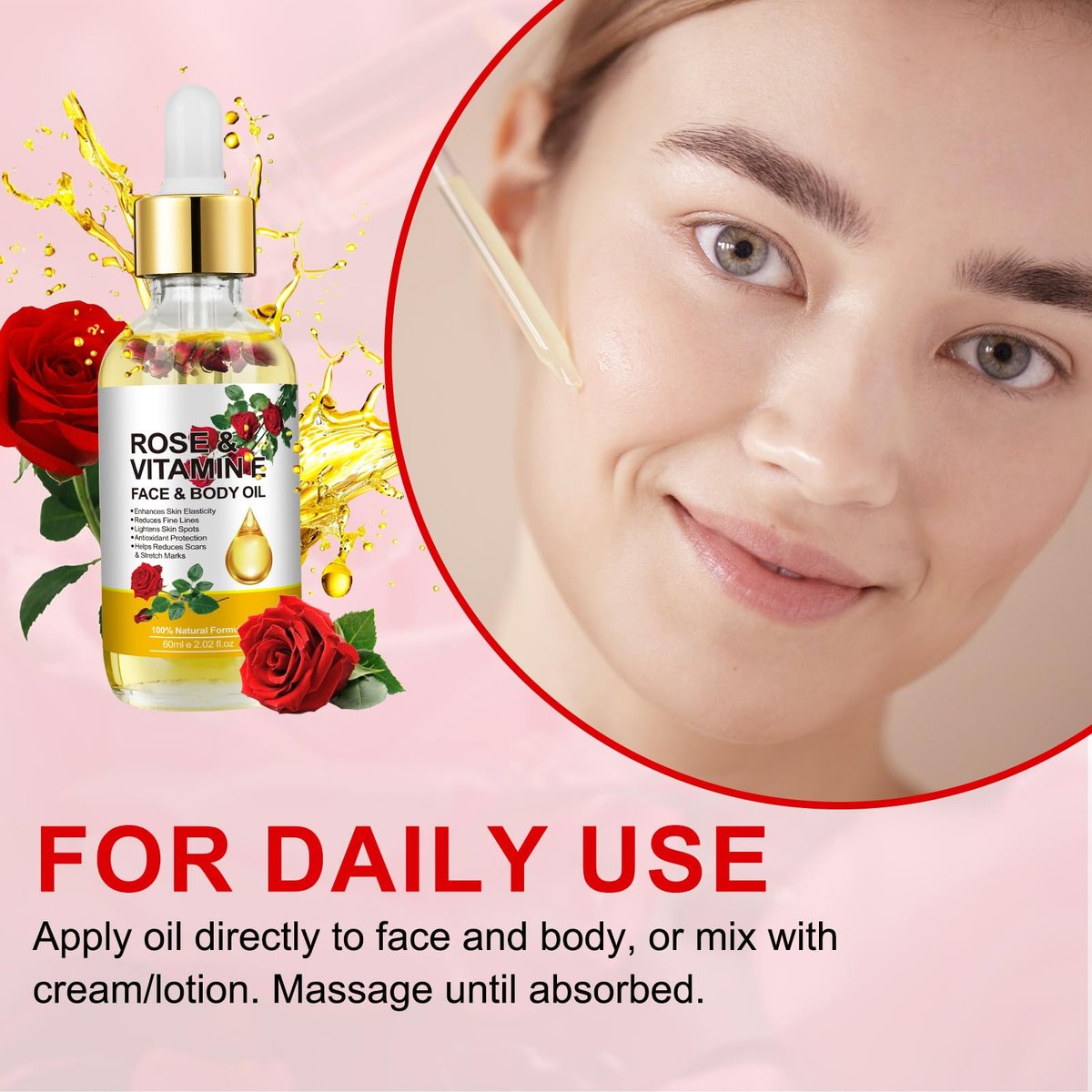 Rose Oil for Face, Premium Vitamin E Facial Oil - Deep Hydration for Face & Body, Nourishes Dry Skin, 2 Fl Oz - görsel 3