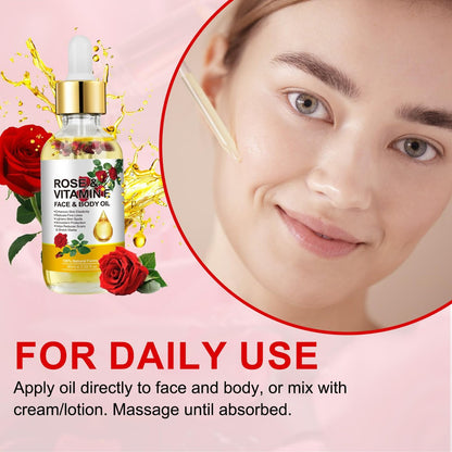 Rose Oil for Face, Premium Vitamin E Facial Oil - Deep Hydration for Face & Body, Nourishes Dry Skin, 2 Fl Oz