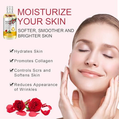 Rose Oil for Face, Premium Vitamin E Facial Oil - Deep Hydration for Face & Body, Nourishes Dry Skin, 2 Fl Oz