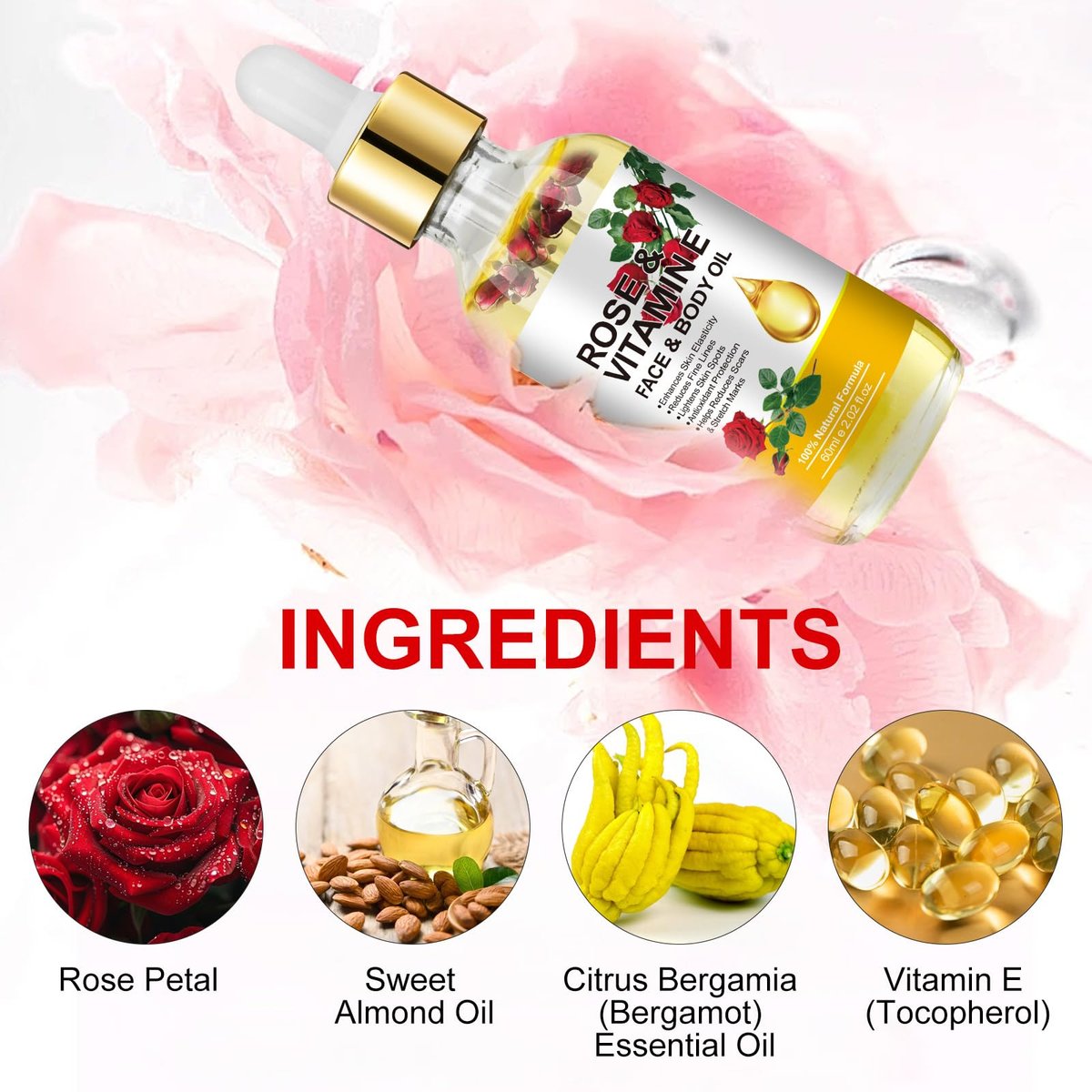 Rose Oil for Face, Premium Vitamin E Facial Oil - Deep Hydration for Face & Body, Nourishes Dry Skin, 2 Fl Oz - görsel 5
