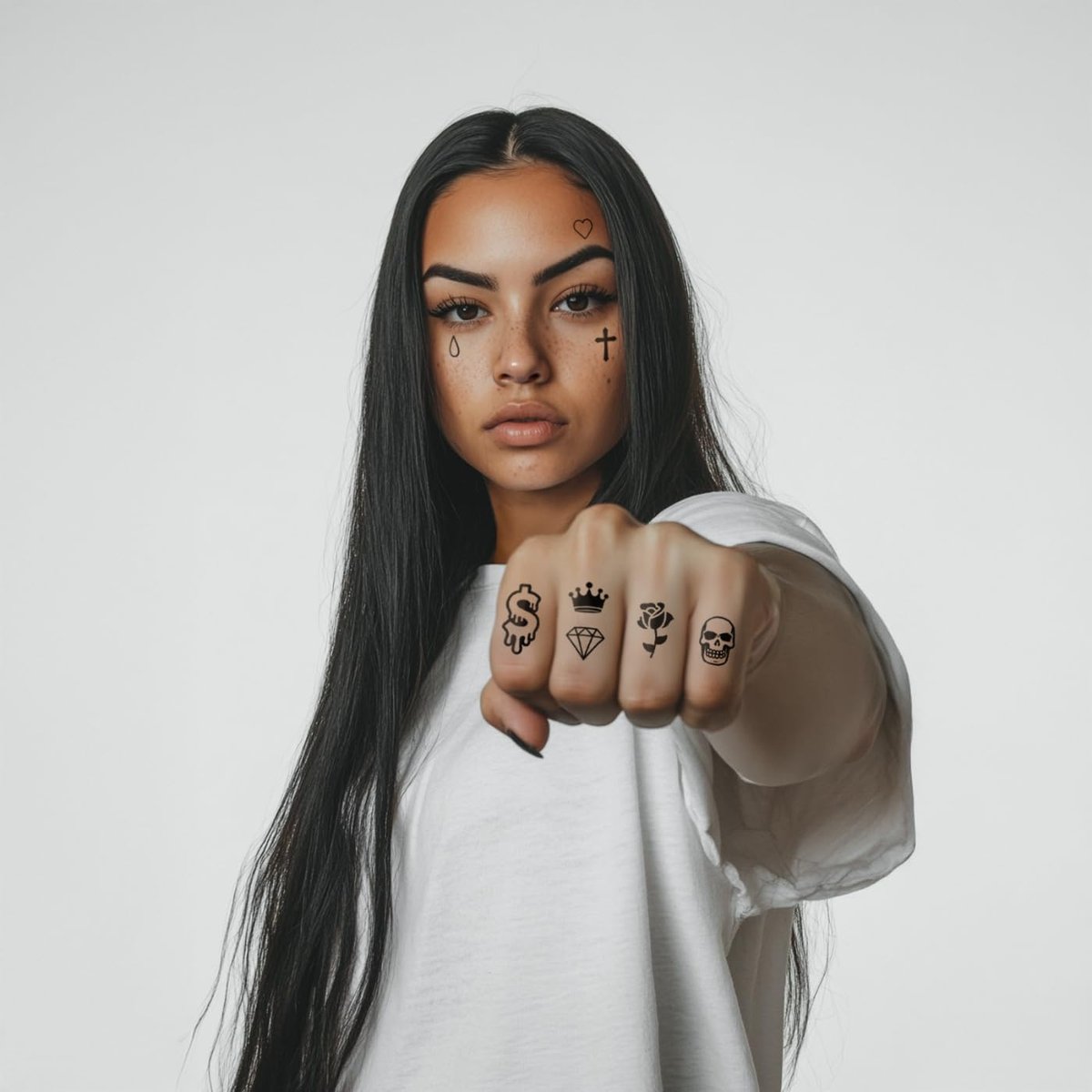 Los Vatos Finger and Face Temporary Tattoos – Chicano Cholo Chola Small Cross Teardrop Gangsta Tears Thug Prison Fake Tattoos for Men Women Halloween - görsel 11