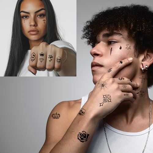 Los Vatos Finger and Face Temporary Tattoos – Chicano Cholo Chola Small Cross Teardrop Gangsta Tears Thug Prison Fake Tattoos for Men Women Halloween - görsel 4