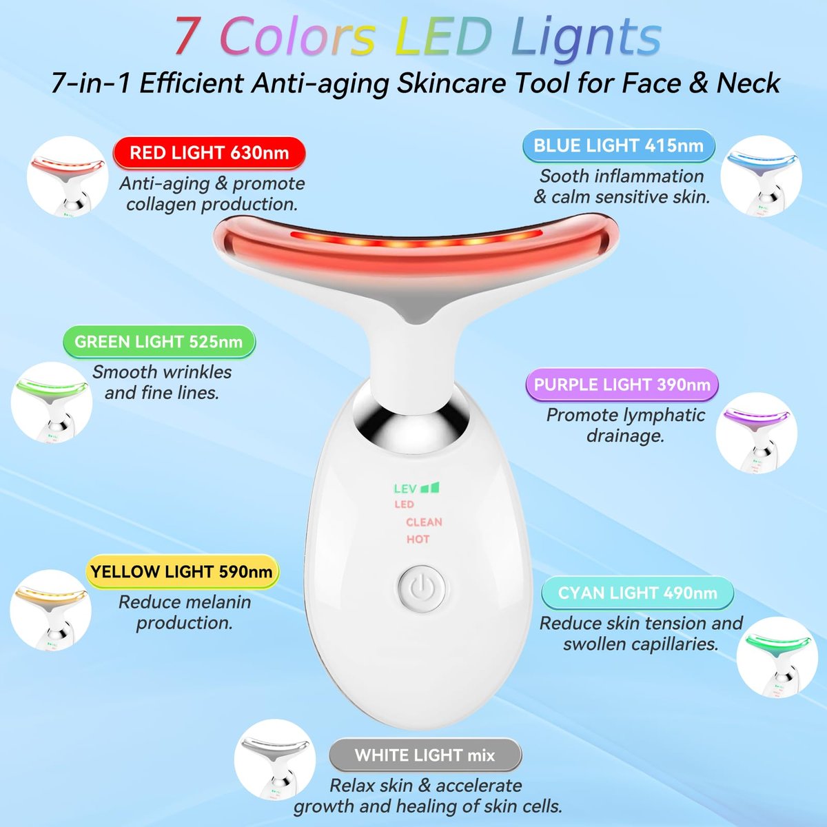 Candio Face and Neck Massager – 7 Color Facial Sculpting Tool for Skin Care, White - görsel 3