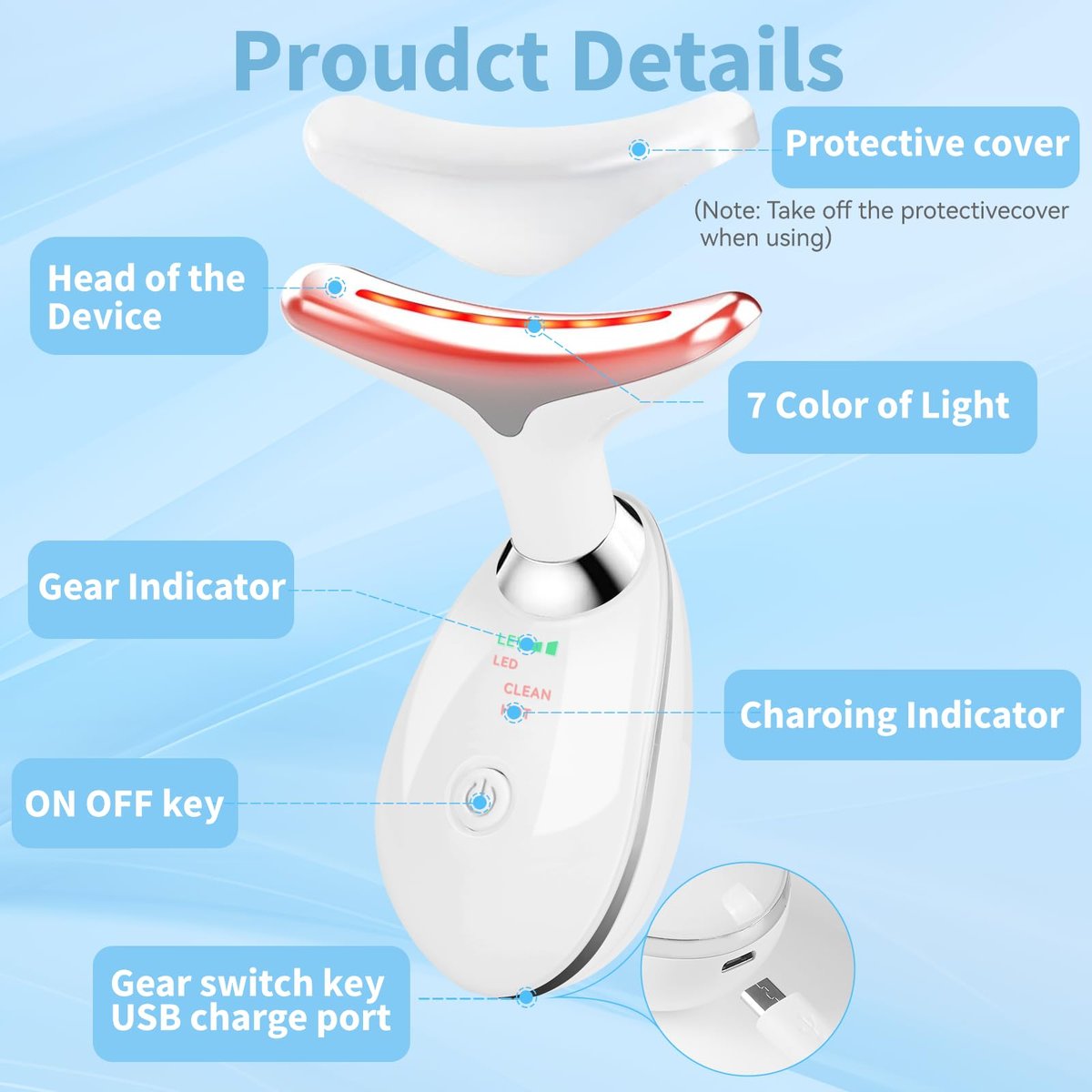 Candio Face and Neck Massager – 7 Color Facial Sculpting Tool for Skin Care, White - görsel 11