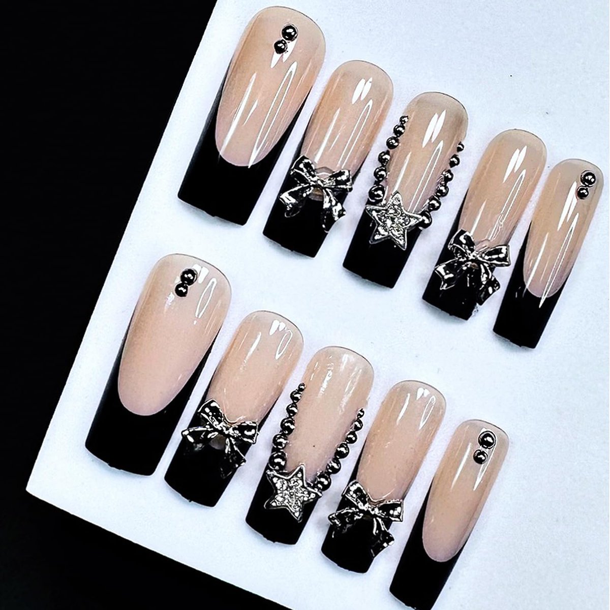 Jremg Black French Tip Press on Nails - Long Square Coffin Fake Nails with 3D Bow Charms, Glossy Silver Star Rhinestones - Y2K Nude Pink Full Cover False Nails for Women Girls 24Pcs - görsel 7