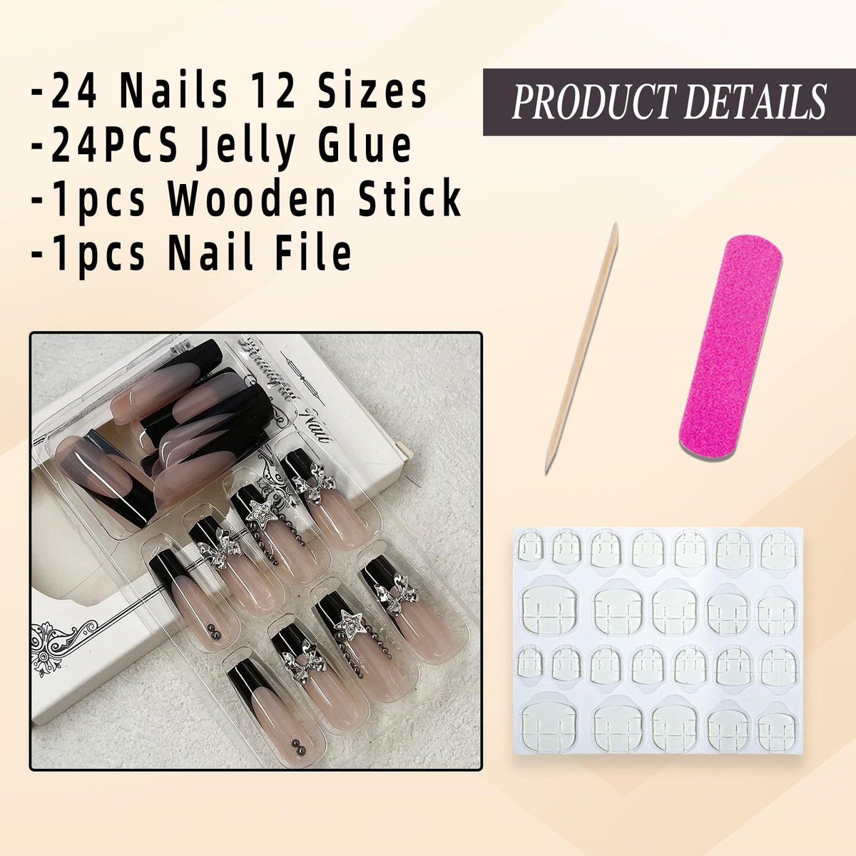 Jremg Black French Tip Press on Nails - Long Square Coffin Fake Nails with 3D Bow Charms, Glossy Silver Star Rhinestones - Y2K Nude Pink Full Cover False Nails for Women Girls 24Pcs - görsel 3