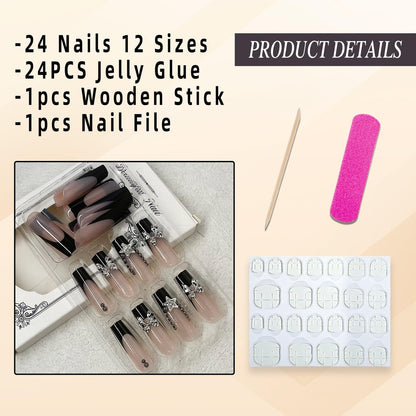 Jremg Black French Tip Press on Nails - Long Square Coffin Fake Nails with 3D Bow Charms, Glossy Silver Star Rhinestones - Y2K Nude Pink Full Cover False Nails for Women Girls 24Pcs