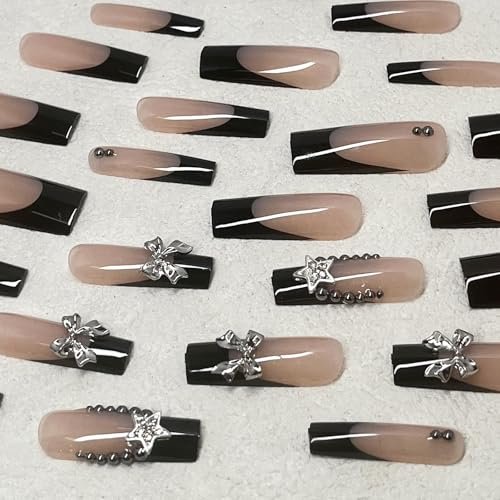 Jremg Black French Tip Press on Nails - Long Square Coffin Fake Nails with 3D Bow Charms, Glossy Silver Star Rhinestones - Y2K Nude Pink Full Cover False Nails for Women Girls 24Pcs - görsel 6