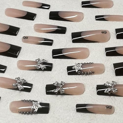 Jremg Black French Tip Press on Nails - Long Square Coffin Fake Nails with 3D Bow Charms, Glossy Silver Star Rhinestones - Y2K Nude Pink Full Cover False Nails for Women Girls 24Pcs