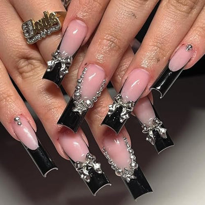 Jremg Black French Tip Press on Nails - Long Square Coffin Fake Nails with 3D Bow Charms, Glossy Silver Star Rhinestones - Y2K Nude Pink Full Cover False Nails for Women Girls 24Pcs