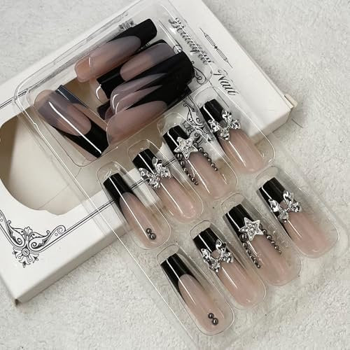 Jremg Black French Tip Press on Nails - Long Square Coffin Fake Nails with 3D Bow Charms, Glossy Silver Star Rhinestones - Y2K Nude Pink Full Cover False Nails for Women Girls 24Pcs - görsel 10