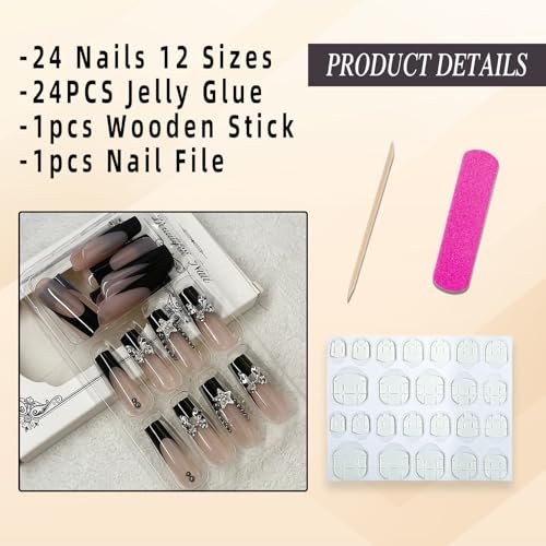 Jremg Black French Tip Press on Nails - Long Square Coffin Fake Nails with 3D Bow Charms, Glossy Silver Star Rhinestones - Y2K Nude Pink Full Cover False Nails for Women Girls 24Pcs - görsel 4