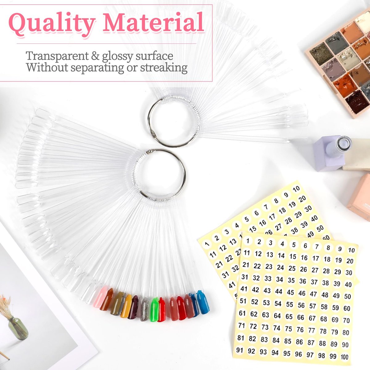 BQAN 100 Pcs Clear Acrylic Nail Swatch Sticks with Ring & Number Stickers - Nail Art Display & Practice Sticks for Home or Salon - görsel 3