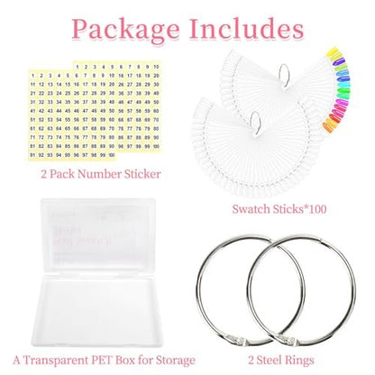 BQAN 100 Pcs Clear Acrylic Nail Swatch Sticks with Ring & Number Stickers - Nail Art Display & Practice Sticks for Home or Salon