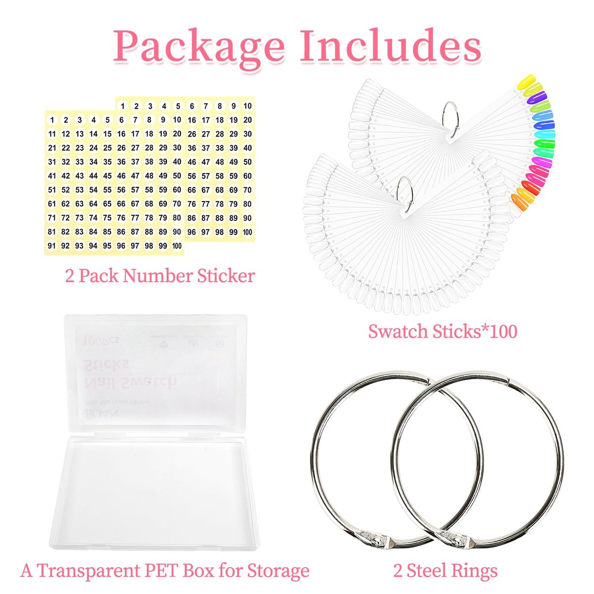 BQAN 100 Pcs Clear Acrylic Nail Swatch Sticks with Ring & Number Stickers - Nail Art Display & Practice Sticks for Home or Salon - görsel 5
