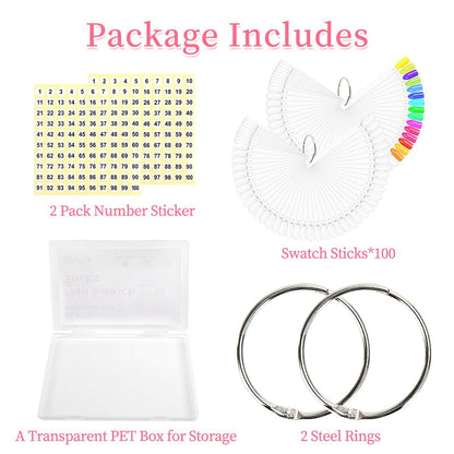 BQAN 100 Pcs Clear Acrylic Nail Swatch Sticks with Ring & Number Stickers - Nail Art Display & Practice Sticks for Home or Salon