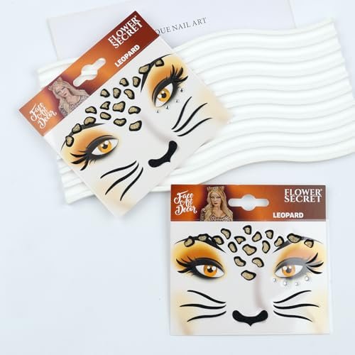 Totelux Leopard Face Tattoos Stickers - Glitter Face Jewels & Cute Cheetah Animal Temporary Tattoo for Adults Kids Makeup Winter Birthday Festive Cosplay Party Decoration Supplies (2Pcs) - görsel 4