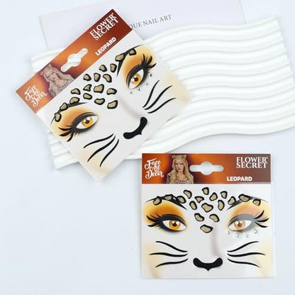 Totelux Leopard Face Tattoos Stickers - Glitter Face Jewels & Cute Cheetah Animal Temporary Tattoo for Adults Kids Makeup Winter Birthday Festive Cosplay Party Decoration Supplies (2Pcs)