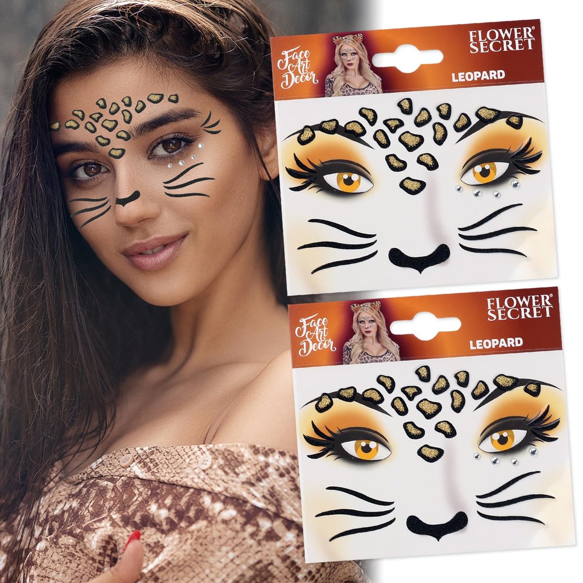 Totelux Leopard Face Tattoos Stickers - Glitter Face Jewels & Cute Cheetah Animal Temporary Tattoo for Adults Kids Makeup Winter Birthday Festive Cosplay Party Decoration Supplies (2Pcs) - görsel 1