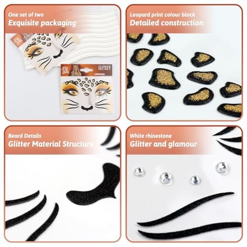 Totelux Leopard Face Tattoos Stickers - Glitter Face Jewels & Cute Cheetah Animal Temporary Tattoo for Adults Kids Makeup Winter Birthday Festive Cosplay Party Decoration Supplies (2Pcs) - görsel 8