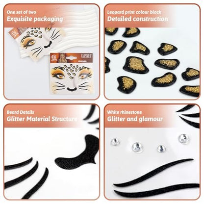 Totelux Leopard Face Tattoos Stickers - Glitter Face Jewels & Cute Cheetah Animal Temporary Tattoo for Adults Kids Makeup Winter Birthday Festive Cosplay Party Decoration Supplies (2Pcs)