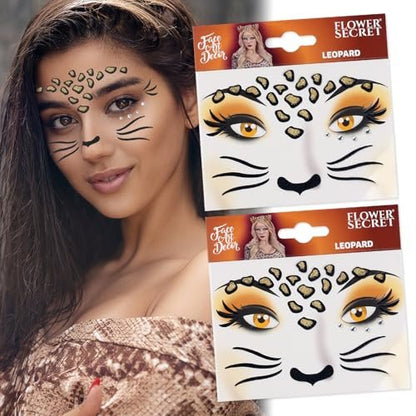 Totelux Leopard Face Tattoos Stickers - Glitter Face Jewels & Cute Cheetah Animal Temporary Tattoo for Adults Kids Makeup Winter Birthday Festive Cosplay Party Decoration Supplies (2Pcs)