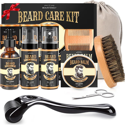 Beard Growth Kit – Complete Grooming Set with Growth Oil, Conditioner, Balm, Shampoo, Derma Roller, Brush, Comb, Scissors & Travel Bag – Christmas Gift for Him Avelisse
