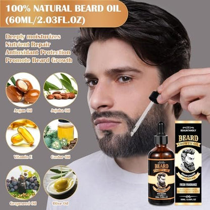 Beard Growth Kit – Complete Grooming Set with Growth Oil, Conditioner, Balm, Shampoo, Derma Roller, Brush, Comb, Scissors & Travel Bag – Christmas Gift for Him Avelisse