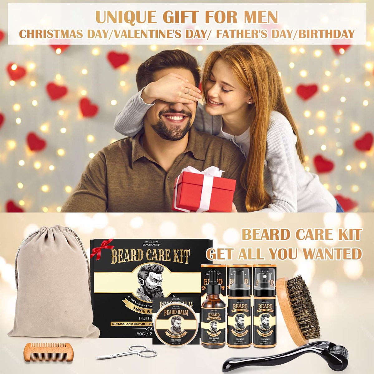 Beard Growth Kit – Complete Grooming Set with Growth Oil, Conditioner, Balm, Shampoo, Derma Roller, Brush, Comb, Scissors & Travel Bag – Christmas Gift for Him Avelisse