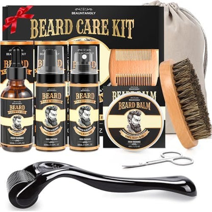 Beard Growth Kit – Complete Grooming Set with Growth Oil, Conditioner, Balm, Shampoo, Derma Roller, Brush, Comb, Scissors & Travel Bag – Christmas Gift for Him Avelisse