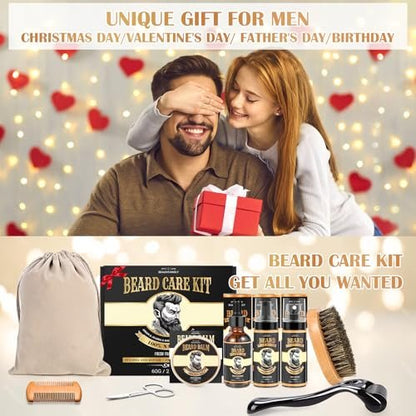 Beard Growth Kit – Complete Grooming Set with Growth Oil, Conditioner, Balm, Shampoo, Derma Roller, Brush, Comb, Scissors & Travel Bag – Christmas Gift for Him Avelisse