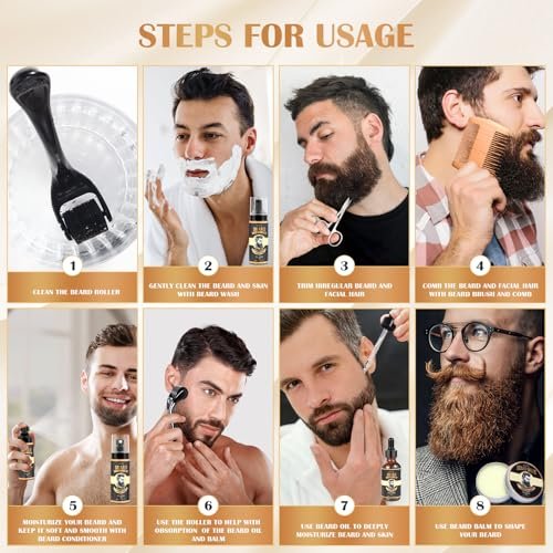 Beard Growth Kit – Complete Grooming Set with Growth Oil, Conditioner, Balm, Shampoo, Derma Roller, Brush, Comb, Scissors & Travel Bag – Christmas Gift for Him Avelisse