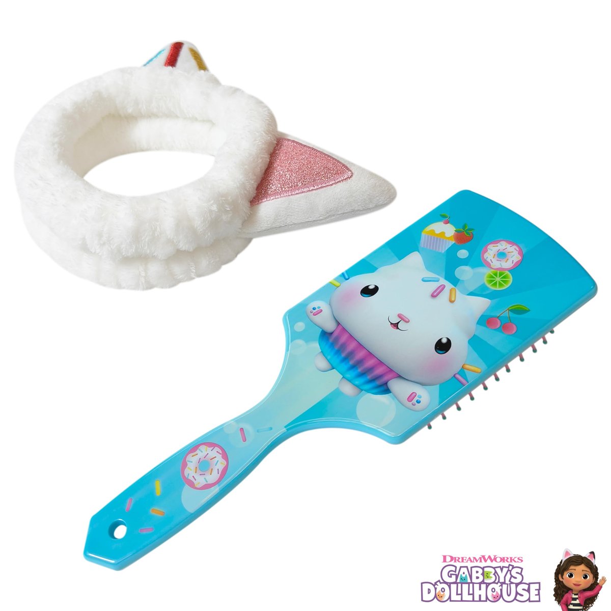 LUV HER Kids Hair Brush & Spa Headband Set for Girls - Gabby's Dollhouse Cakey - Fun Grooming Kit for Detangling, Styling & Skincare - Soft & Stretchy One Size, Ages 3+ Avelisse
