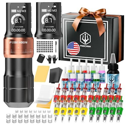 Poseidon Wireless Tattoo Gun Kit – 7 Stroke Lengths, 2×2300mAh Batteries, 11 Ink Colors, 20 Cartridges for Beginners & Artists Avelisse