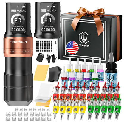 Poseidon Wireless Tattoo Gun Kit – 7 Stroke Lengths, 2×2300mAh Batteries, 11 Ink Colors, 20 Cartridges for Beginners & Artists Avelisse