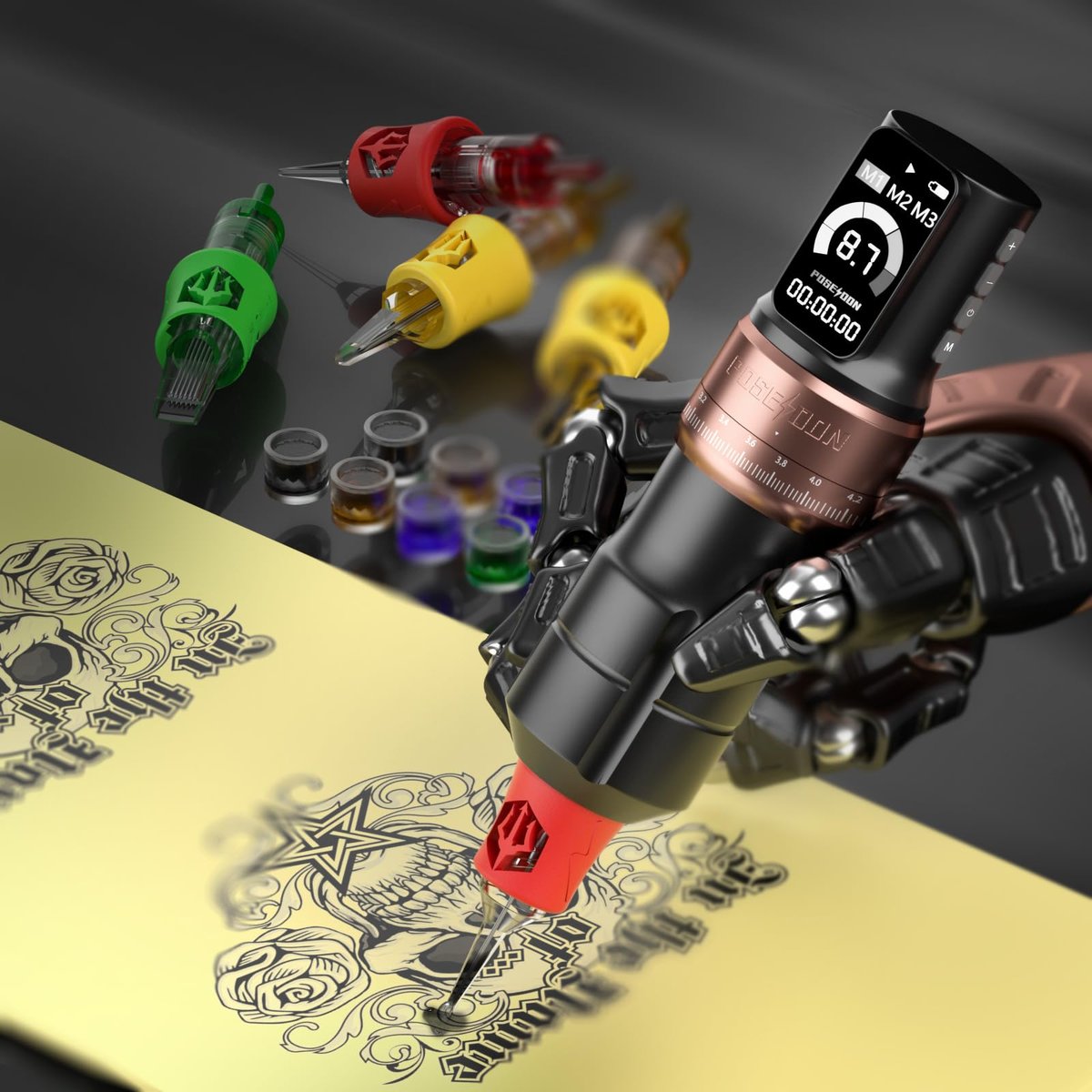 Poseidon Wireless Tattoo Gun Kit – 7 Stroke Lengths, 2×2300mAh Batteries, 11 Ink Colors, 20 Cartridges for Beginners & Artists Avelisse