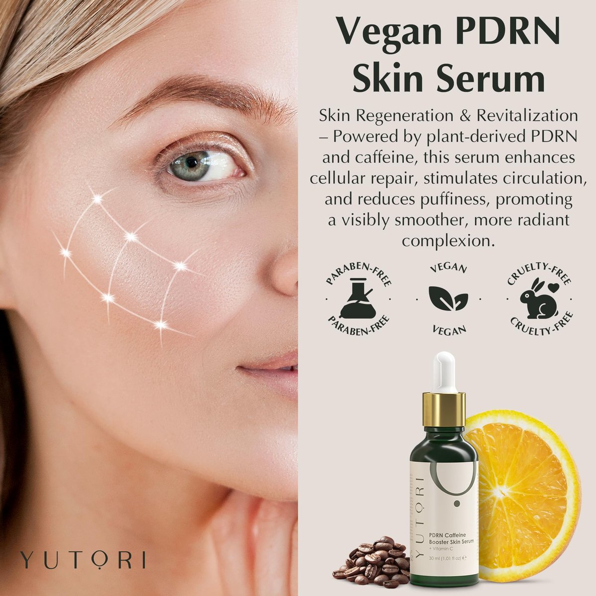 Yutori PDRN Serum with Caffeine Booster - Plant Based Antiaging Face Serum for Wrinkle Care, Lifting, Hydrating, Natural Glow, All Skin Types, 1.01 fl oz (30 ml) Avelisse
