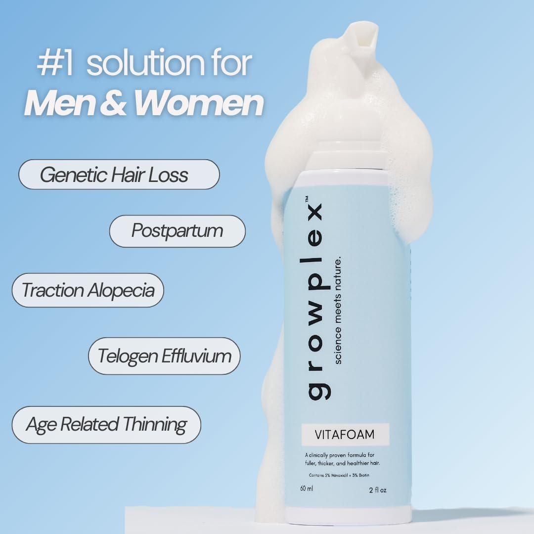 Growplex Vitafoam 5% Minoxidil Foam for Men & Women – DHT Blocking, Non-Greasy, Fast-Drying Hair Regrowth Treatment Avelisse