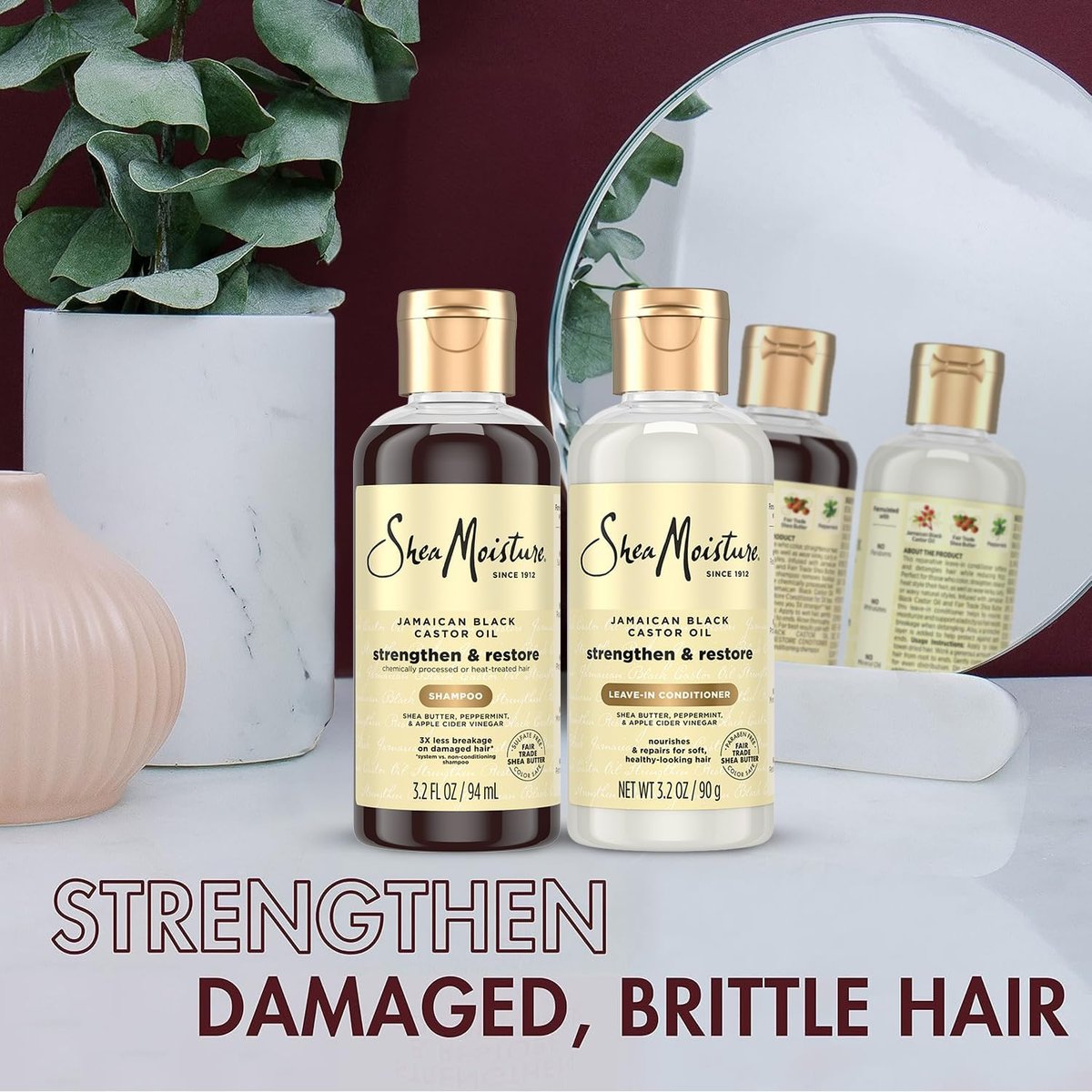 SheaMoisture Jamaican Black Castor Oil Strengthen & Restore Shampoo and Leave-in Conditioner Travel Set, 3.2 oz Each Avelisse