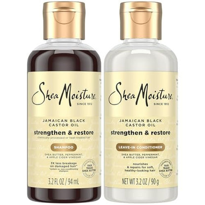 SheaMoisture Jamaican Black Castor Oil Strengthen & Restore Shampoo and Leave-in Conditioner Travel Set, 3.2 oz Each Avelisse