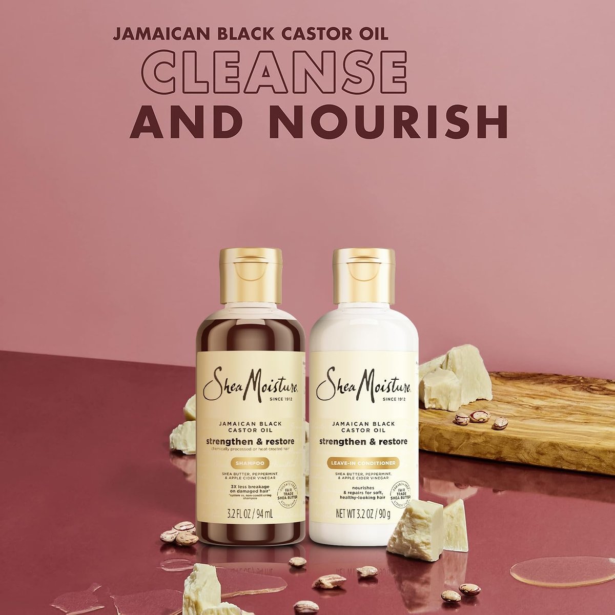 SheaMoisture Jamaican Black Castor Oil Strengthen & Restore Shampoo and Leave-in Conditioner Travel Set, 3.2 oz Each Avelisse