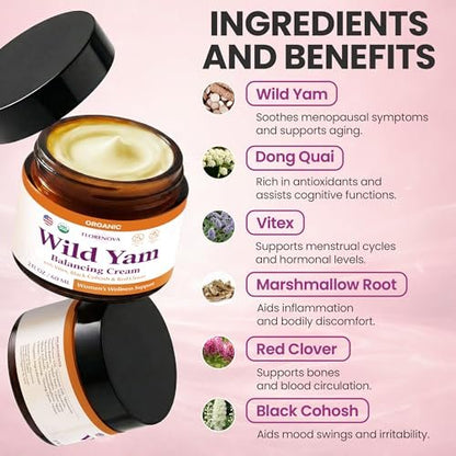 Organic Wild Yam Cream for Women’s Midlife Wellness – Skin Nourishment & Emotional Stability – with Black Cohosh, Vitex, Red Clover, Vitamins & Minerals – 2 fl oz Avelisse