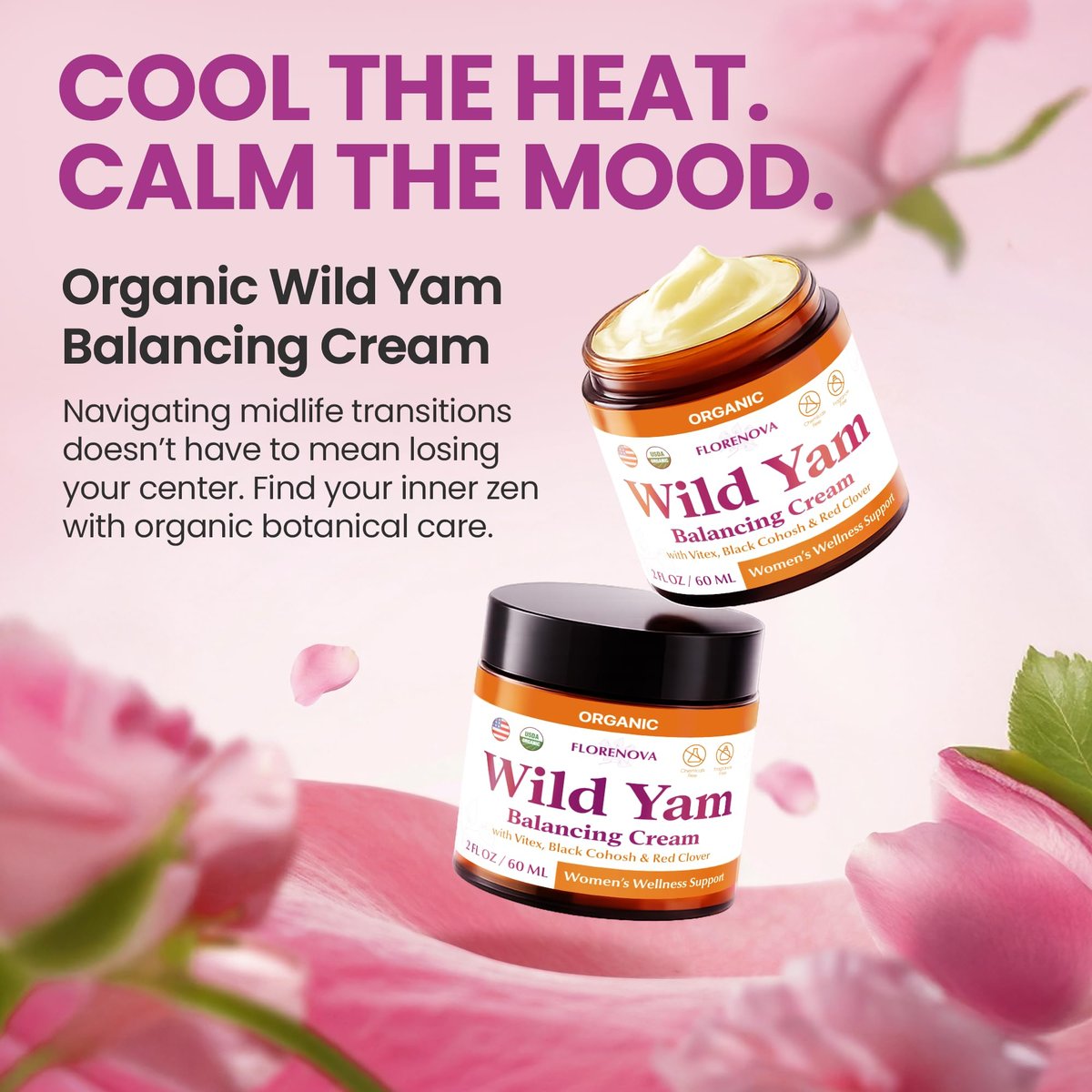 Organic Wild Yam Cream for Women’s Midlife Wellness – Skin Nourishment & Emotional Stability – with Black Cohosh, Vitex, Red Clover, Vitamins & Minerals – 2 fl oz Avelisse