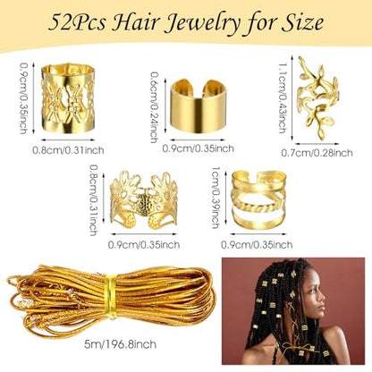 Tyqour 50Pcs Gold Hair Jewelry Set - Braids Accessories with 2 Strings, Adjustable Rings, Cuffs, Charms, Beads Decorations for Men & Women