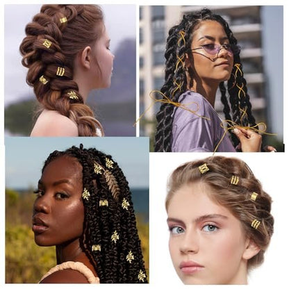 Tyqour 50Pcs Gold Hair Jewelry Set - Braids Accessories with 2 Strings, Adjustable Rings, Cuffs, Charms, Beads Decorations for Men & Women