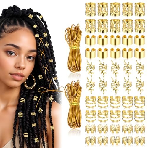 Tyqour 50Pcs Gold Hair Jewelry Set - Braids Accessories with 2 Strings, Adjustable Rings, Cuffs, Charms, Beads Decorations for Men & Women - görsel 1