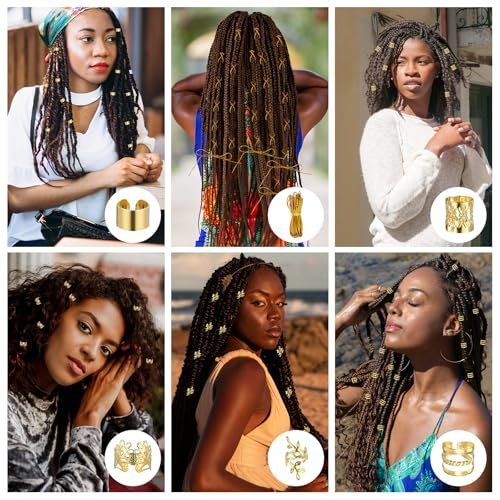 Tyqour 50Pcs Gold Hair Jewelry Set - Braids Accessories with 2 Strings, Adjustable Rings, Cuffs, Charms, Beads Decorations for Men & Women - görsel 5
