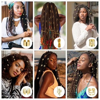 Tyqour 50Pcs Gold Hair Jewelry Set - Braids Accessories with 2 Strings, Adjustable Rings, Cuffs, Charms, Beads Decorations for Men & Women
