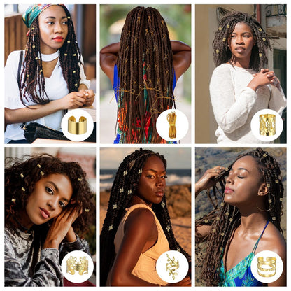 Tyqour 50Pcs Gold Hair Jewelry Set - Braids Accessories with 2 Strings, Adjustable Rings, Cuffs, Charms, Beads Decorations for Men & Women